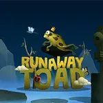 Kurbağa figürü bir kaya üzerinde otururken arkada ağaçlar ve heykel, ön planda ise büyük harflerle yazılmış Runaway Toad başlığı yer alıyor