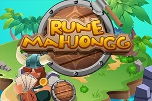 Tropik bir adanın ön planında elinde yelpaze tutan Viking temalı bir figürün, üstünde büyük bir tahta kalkan üzerinde Rune Mahjongg yazısıyla yer aldığı renkli bir illüstrasyon