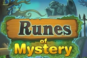 Ahşap bir tabela üzerine Runes of Mystery yazısı, mistik bir arka plan ve ağacın önünde duran bir heykel