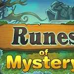 Ahşap bir tabela üzerine Runes of Mystery yazısı, mistik bir arka plan ve ağacın önünde duran bir heykel