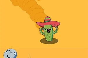 Sombrero şapka takan sevimli bir kaktüs karakteri ve arka planda turuncu toz bulutu