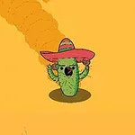 Sombrero şapka takan sevimli bir kaktüs karakteri ve arka planda turuncu toz bulutu