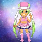 Pembeler içinde uzay temalı arka plan önünde uzun açık yeşil saçlı anime tarzı bir karakter
