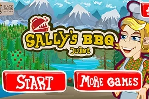 Dağ manzarası önünde Sallys BBQ Joint yazısı ve yanında kadın karakter, alt kısımda START ve MORE GAMES butonları