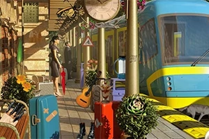 Bir tren istasyonunda, eski tarz bir trenin yanında duran valizler, duvar saati, gitar ve saksılardaki bitkiler görülen kalabalık bir platform