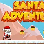 Karlı bir zeminde Noel Baba, hediye kutuları ve yanındaki çam ağacıyla yürürken, tepede büyük Santa Adventure yazısı