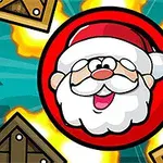 Noel Babanın kırmızı bir daire içinde gülen karikatür çizimi, etrafında patlamalar ve tahta kutular
