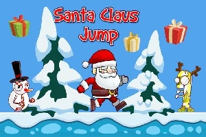 Karlı bir ortamda, hediye kutuları ve ağaçların önünde zıplayan Noel Baba, yanında kardan adam ve geyik