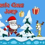 Karlı bir ortamda, hediye kutuları ve ağaçların önünde zıplayan Noel Baba, yanında kardan adam ve geyik