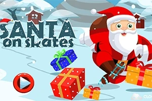 Noel Baba, karlı bir zeminde paten yaparken hediye kutuları ve dağ evleriyle dolu bir arka plan