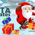 Noel Baba, karlı bir zeminde paten yaparken hediye kutuları ve dağ evleriyle dolu bir arka plan