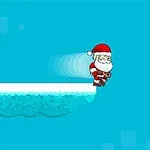 Noel Baba kıyafetli bir karakter, mavi arka planda karla kaplı platformlar arasında zıplıyor