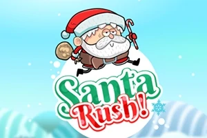 Mavi arka plan üzerinde elinde hediye çuvalı ve baston tutan Noel Baba karakteri ile Santa Rush!