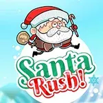 Mavi arka plan üzerinde elinde hediye çuvalı ve baston tutan Noel Baba karakteri ile Santa Rush!