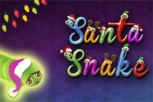 Noel şapkalı bir yılan ve renkli harflerle Santa Snake yazısı, üzerinde gözlük takmış harflerin olduğu mor arka plan