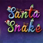 Noel şapkalı bir yılan ve renkli harflerle Santa Snake yazısı, üzerinde gözlük takmış harflerin olduğu mor arka plan