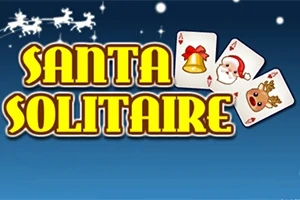 Noel temalı bir tasarımda, Santa Solitaire yazısı, yılbaşı ikonları bulunan kartlarla birlikte gece gökyüzünde sunuluyor