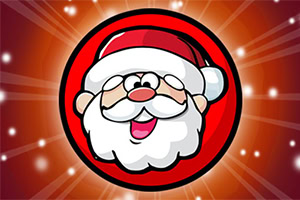 Kırmızı bir daire içinde sevimli bir Noel Baba ilustrasyonu, çevresinde ışık huzmeleriyle
