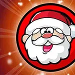 Kırmızı bir daire içinde sevimli bir Noel Baba ilustrasyonu, çevresinde ışık huzmeleriyle