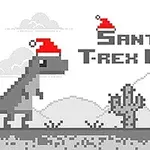 Noel Baba şapkası takmış piksel tarzı bir T-rex ve kaktüsler