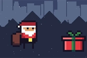Piksel tarzı bir arka planda Noel Baba ve hediye kutusu