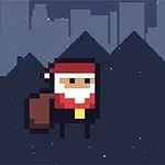 Piksel tarzı bir arka planda Noel Baba ve hediye kutusu