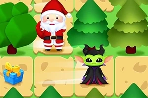 Noel Baba ve sevimli bir kötü karakterin ağaçlarla dolu bir oyunda bir arada olduğu renkli ve eğlenceli bir sahne