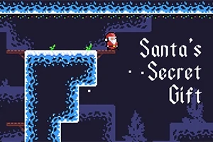 Bir platform üzerinde Noel Baba karakteri ve sağda gotik yazı stiliyle Santas Secret Gift metni