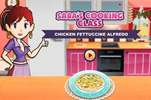 Mutfakta, masanın üzerinde bir tabak tavuk fettuccine Alfredo bulunan ve yanında mor bluz giymiş bir kadın karakterin yer aldığı renkli bir sahne