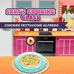 Mutfakta, masanın üzerinde bir tabak tavuk fettuccine Alfredo bulunan ve yanında mor bluz giymiş bir kadın karakterin yer aldığı renkli bir sahne