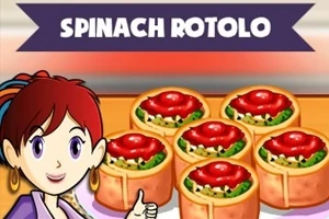 Kızıl saçlı çizgi karakter, üzerinde Spinach Rotolo yazan bir pankartın önünde domates ve ıspanakla dolu rulo biçimli yemekler sunuyor