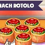 Kızıl saçlı çizgi karakter, üzerinde Spinach Rotolo yazan bir pankartın önünde domates ve ıspanakla dolu rulo biçimli yemekler sunuyor