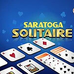 Mavi bir arka plan üzerinde çeşitli iskambil kartları ve Saratoga Solitaire yazısı