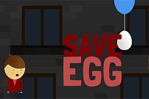 Koyu arka plan önünde uçan balonla bağlı yumurtanın yanında duran çizgi karakter ve SAVE EGG yazısı