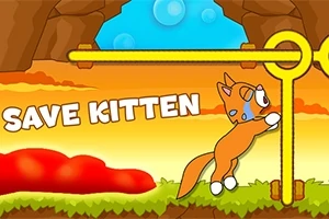 Sevimli bir kedi yavrusu, detaylı bir manzara önünde, üzerinde Save Kitten yazan bir alanda duruyor