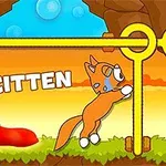 Sevimli bir kedi yavrusu, detaylı bir manzara önünde, üzerinde Save Kitten yazan bir alanda duruyor