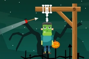 Karanlık bir arka planda, kafasında ışık yanan bir iskeletle asılı duran bir Frankenstein canavarı ve ona doğru gelen bir ok yer alıyor