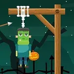 Karanlık bir arka planda, kafasında ışık yanan bir iskeletle asılı duran bir Frankenstein canavarı ve ona doğru gelen bir ok yer alıyor