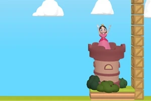 Pembe elbiseli bir prenses, kulede dururken, mavi gökyüzü ve bulutların önünde ellerini havaya kaldırmış