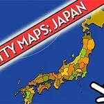 Japonyanın renkli bölgelere ayrılmış haritası ve köşede büyük bir el simgesi