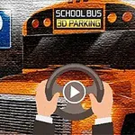 Sarı bir okul otobüsünün önünde direksiyon tutan eller ve P park işareti