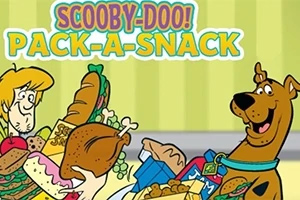 Scooby-Doo! Pack-a-Snack Scooby-Doo ve arkadaşı, bir dizi atıştırmalık ve yiyeceklerle dolu bir sahnede neşeyle gülümsüyor
