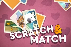 Pembe arka plan üzerinde hayvan resimleri ve Scratch & Match yazısı