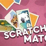 Pembe arka plan üzerinde hayvan resimleri ve Scratch & Match yazısı