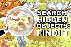 Animasyon tarzında bir adam, büyüteçle sosis saklayan bir ağacı inceliyor; yanında Search Hidden Objects: Find It metni bulunuyor