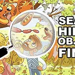 Animasyon tarzında bir adam, büyüteçle sosis saklayan bir ağacı inceliyor; yanında Search Hidden Objects: Find It metni bulunuyor