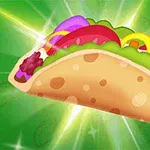 Yeşil bir arka plan üzerinde, renkli sebzeler ve soslarla dolu grafik bir taco