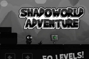 Gri tonlarda, dağ arka planı önünde Shadoworld Adventure yazısı ve sağa ok işareti bulunan bir platform üzerinde duran gözlü karakter
