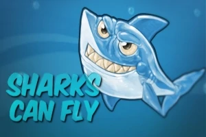 Mavi arka planda, dişleri görünen ve gülümseyen sevimli bir köpekbalığı ile Sharks Can Fly yazısı