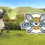Kırsal bir arka planda, bir koyun tenis raketi tutarken Chick N Spoon logosuyla birlikte görülüyor